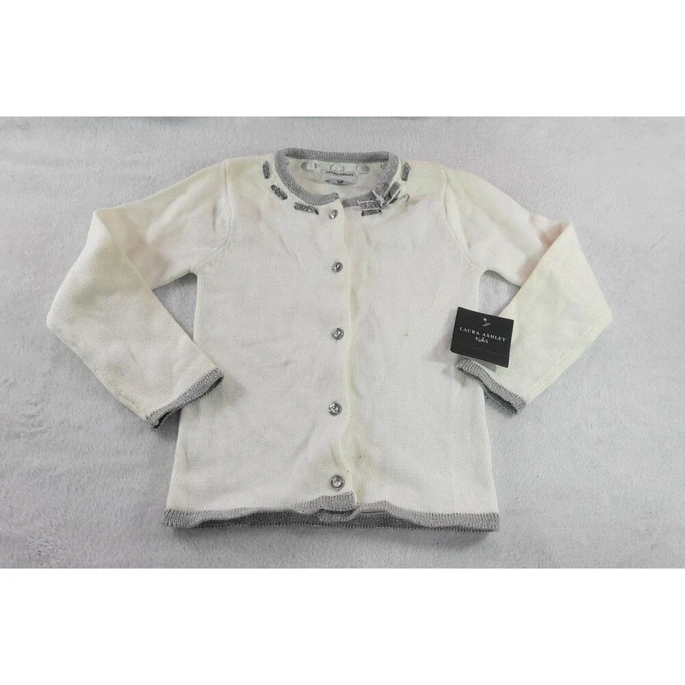 ​Laura Ashley Kids White Cardigan with Silver Trim & Rhinestone Buttons L/G 6X
